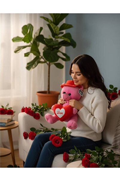 Cute 34 cm Kalp Tutan Şapkalı Peluş Ayıcık