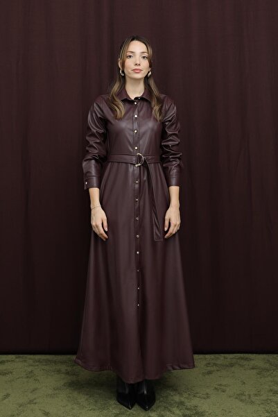 Loreen Γυναικείο δερμάτινο φόρεμα με ζώνη - 20709ELB - Μούρδιμ