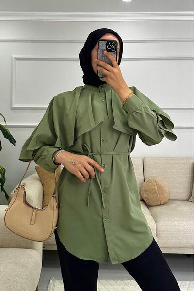 HİFADEN Kadın Pelerinli Kuşak Detaylı Hakim Yaka Tesettür Gömlek Boy:1.67 KG:62 S/M Görseldeki
