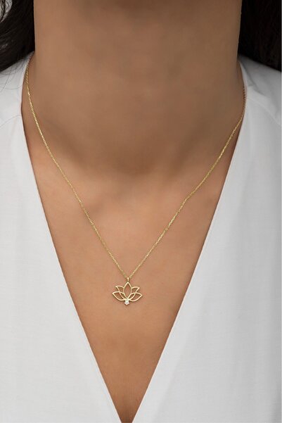 klas gümüş Lotus Çiçeği Figürlü Gold Kolye-925 Ayar Gümüş