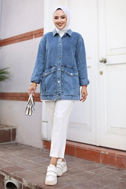 HARMAN BUTİK Жіноча джинсова куртка з вишивкою з каменів та кишенями