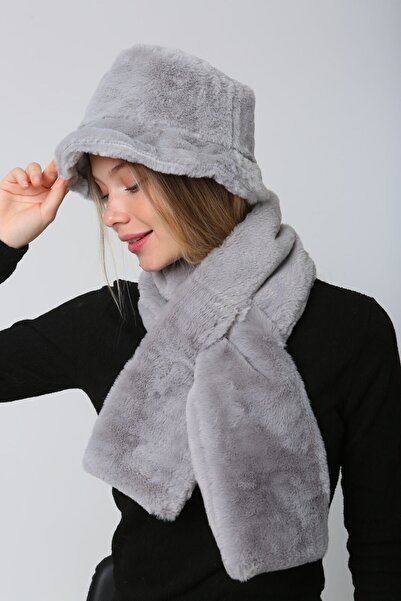 FELLMENS Gray Plush Neck Collar and Hat - Soft Textured Set of 2