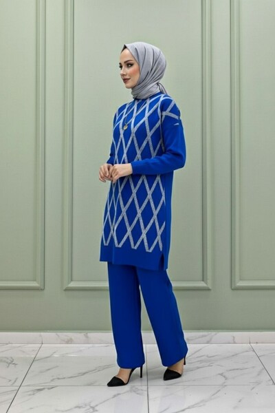 Mercan Müjgan Tri̇ko Takim Islamic Clothing Comfortable Winter Top and Bottom Two-Piece Set Saks Blue