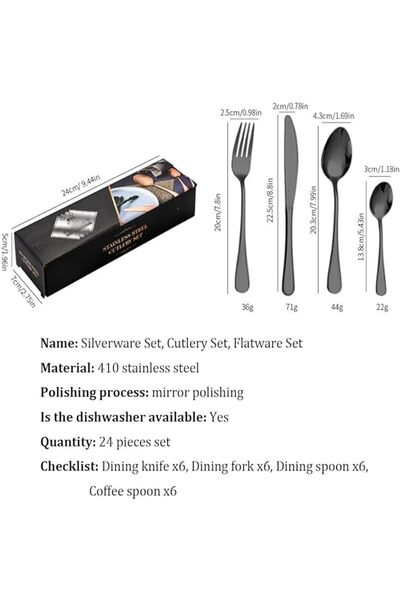 COOYA 24-Pcs Stainless Steel Flatware Cutlery Set,for 6 Persons,Includes Knives Spoons Forks,Perfect Gift