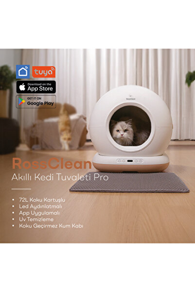 RossClean Akıllı Kedi Tuvaleti Pro 72L Koku Kartuşlu-Led Aydınlatmalı-App Uygulamalı-Uv Temizleme