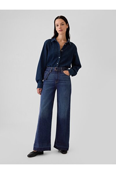 GAP Kadın Lacivert High Rise Stride Belted Wide-Leg Jean Pantolon