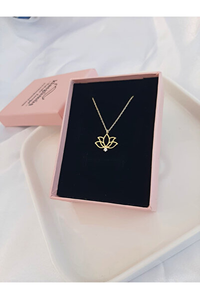 klas gümüş Lotus Çiçeği Figürlü Gold Kolye-925 Ayar Gümüş