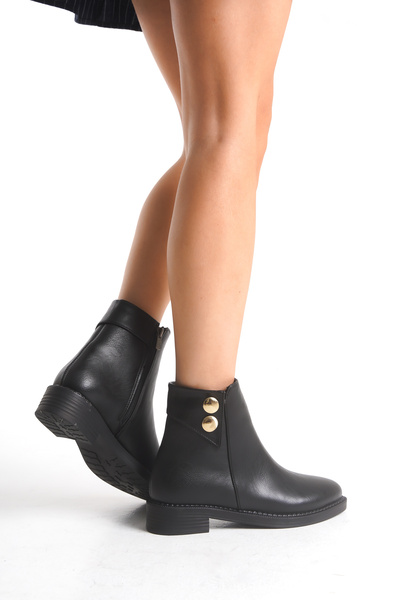 Limeo Low Heel Zippered Short Women's Black Boots with Double Gold Button Detail