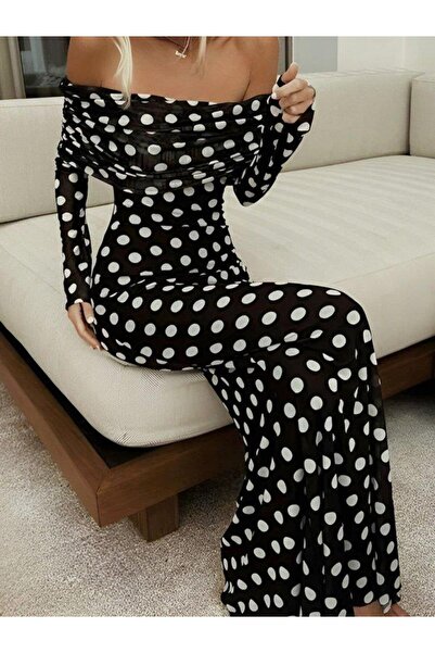 BY BASAK collection Maxi šaty s bodkovaným tylom a podšívkou s golierom Madonna