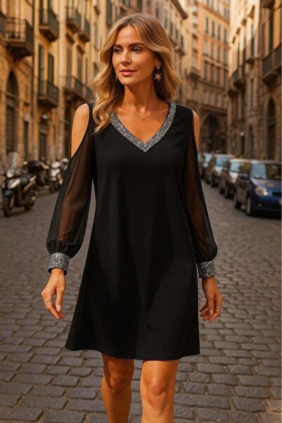 BYNPOL Γυναικείο φόρεμα με μακρύ μανίκι με λαιμόκοψη σε σχήμα V, μανίκια από ...