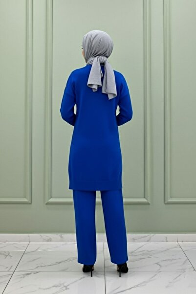 Mercan Müjgan Tri̇ko Takim Islamic Clothing Comfortable Winter Top and Bottom Two-Piece Set Saks Blue