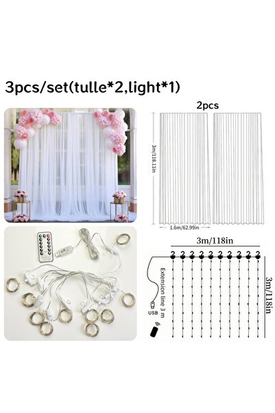 Choice مجموعة من 3 قطع من ستائر خلفية من التول، ستائر إضاءة اختيارية، لحفلات ...