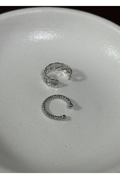 KİLİGİSTANBUL Gümüş Renk Zincir&basic 2'li Earcuff