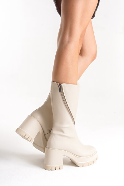 Limeo Women's Round Toe Thick Soled Zippered Platform Heeled Beige Long Boots