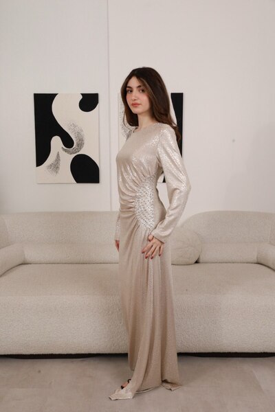 Generic Long beige evening gown with silver sequins and long sleeves with luxurious crystal embroidery