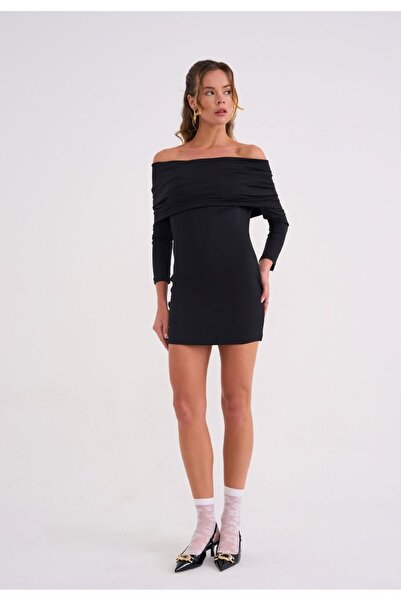 La Sarta Champain Dress Kadın Düşük Omuzlu Uzun Kollu Siyah Elbise