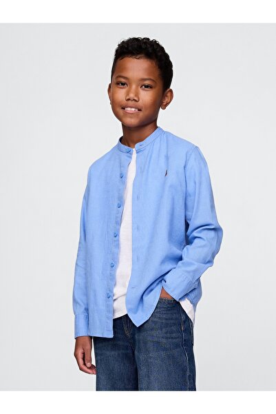 GAP Erkek Çocuk Mavi Brannan Bear İşlemeli Keten Karışımlı Gömlek