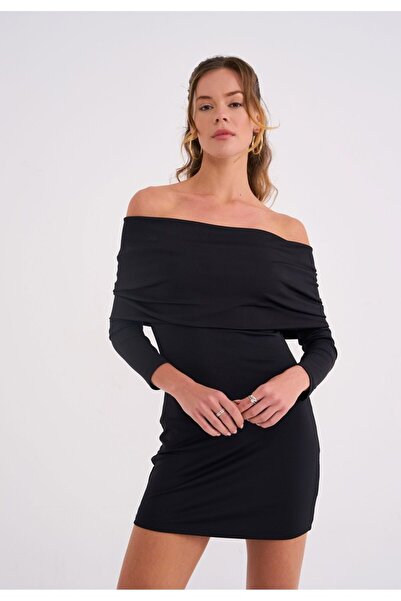 La Sarta Champain Dress Kadın Düşük Omuzlu Uzun Kollu Siyah Elbise