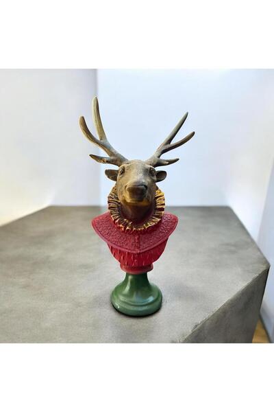 Peramari Dekoratif Polyester Tekli Geyik Başı Biblo Kırmızı Yeşil