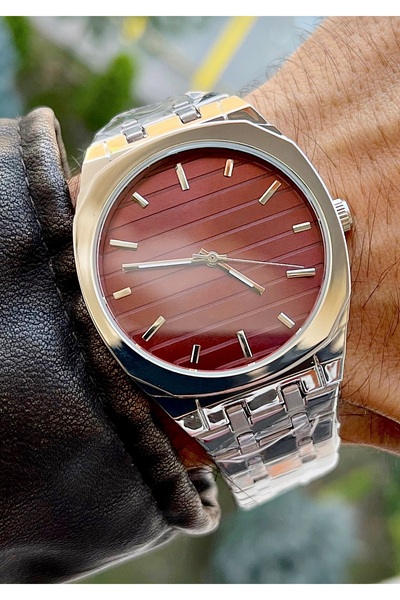 Weluxa Silver Color Claret Dial Steel Band 40mm Small Case Men's Wristwatch