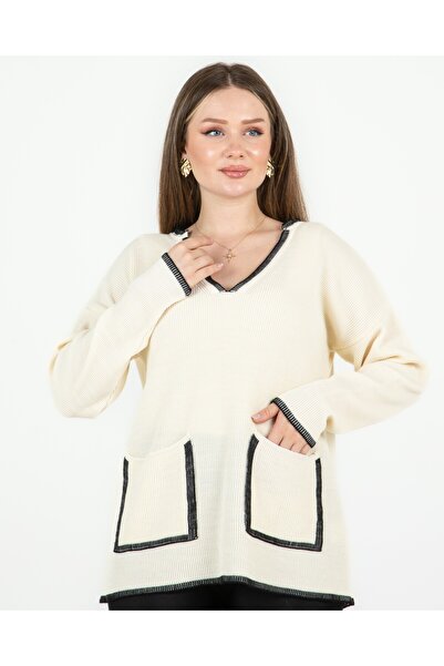 Sortie Tricotaj cu decolteu în V cu buzunare supradimensionat Pulover Ecru