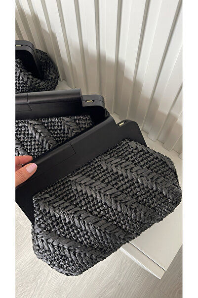 WOMANBAG EL YAPIMI HASIR SİYAH CLUTCH EL ÇANTASI(37x22cm)