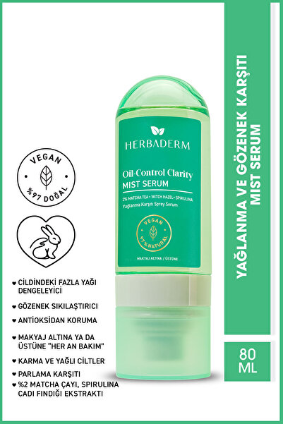 Herbaderm Yağlanma ve Gözenek Karşıtı Mist Sprey Serum, Makyaj Altına/Üstüne 80 ml