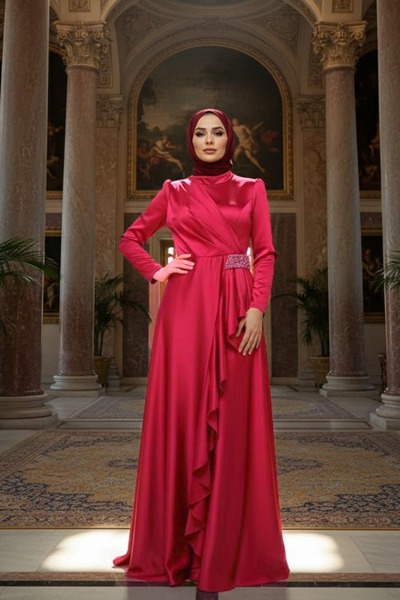 Neva Style Flounced Burgundy Hijab Evening Dress 22431Br