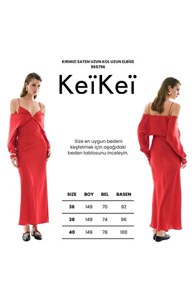 Keikei Kırmızı saten uzun kol uzun elbise