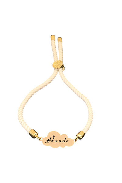 ARCHINO GOLD Altın Plakalı 14 Ayar ve Örgü İpli Çocuklar İçin Bulut Motifli İsme Özel Bileklik-362isim-beyaz