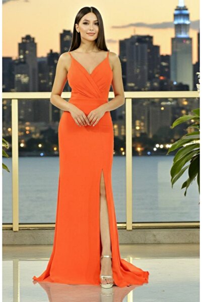 FaBe Fashion İNCE ASKILI KRUVAZE YAKA SIRTI BAĞCIKLI YIRTMAÇLI KREP ABİYE ELB...