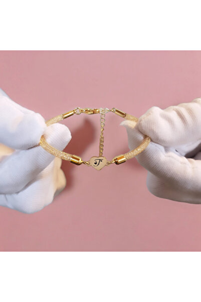 ARCHINO GOLD Altın Plakalı 14 Ayar F Harfine Özel Kalp Figürlü Hasır Kordonlu...