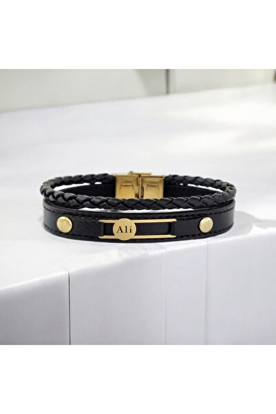 ARCHINO GOLD 14 Ayar Altın Plakalı Daireli ve Dikdörtgenli Hakiki Derili Ali İsmine Özel Bileklik-418isim-siyah