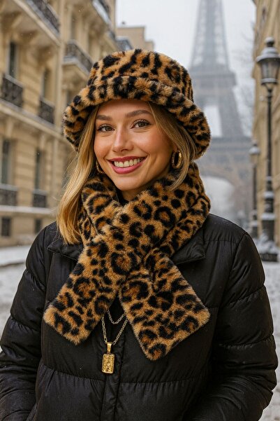 FELLMENS Soft Textured Camel Leopard Plush Neck Collar and Hat Set of 2