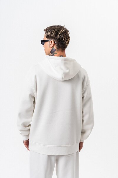 Respire Men's Text Detailed Hooded Basic Zip Oversize Hoodie Ecru