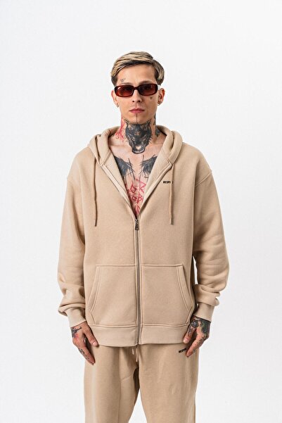 Respire Ανδρικό μπλουζάκι με κουκούλα με λεπτομέρεια με κείμενο, βασικό με φερμουάρ, oversize, μπεζ