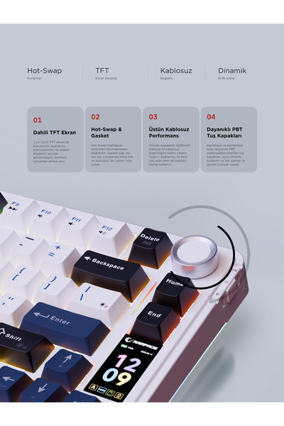 Rampage Quell Pro Dijital Ekranlı Beyaz Hot Swap 2.4G + BT Wireless RGB Gasket Oil Switch Türkçe Q P