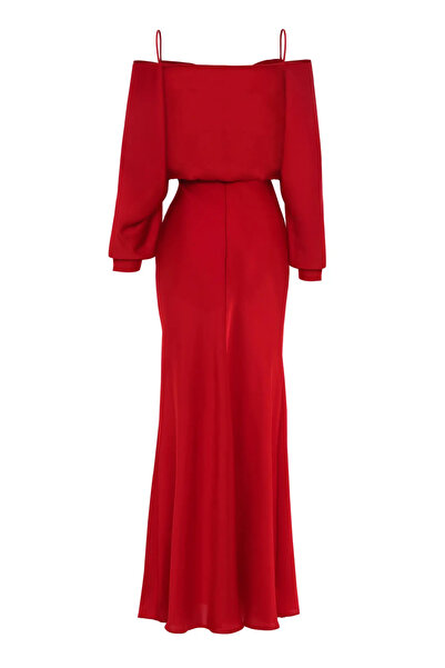 Keikei Kırmızı saten uzun kol uzun elbise