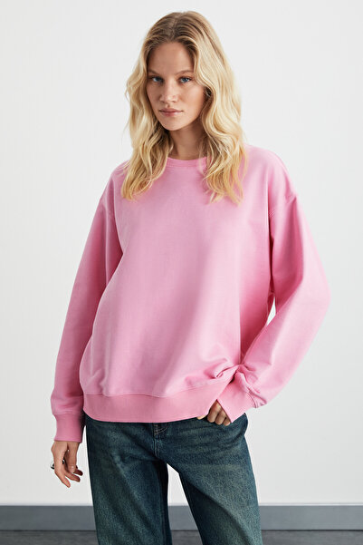 GRIMELANGE Karıus Kadın Organik Pamuklu Içi Polarlı Oversize Yuvarlak Yakalı Pembe Sweatshirt