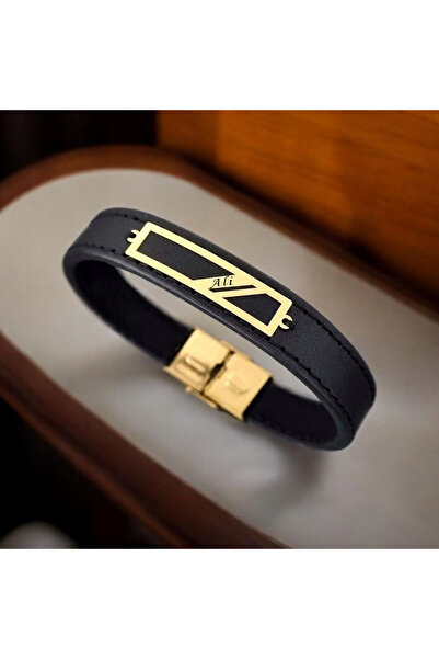 ARCHINO GOLD 14 Ayar Plakalı Altın Ali Yazılı Hakiki Siyah Derili Dikdörtgen ...