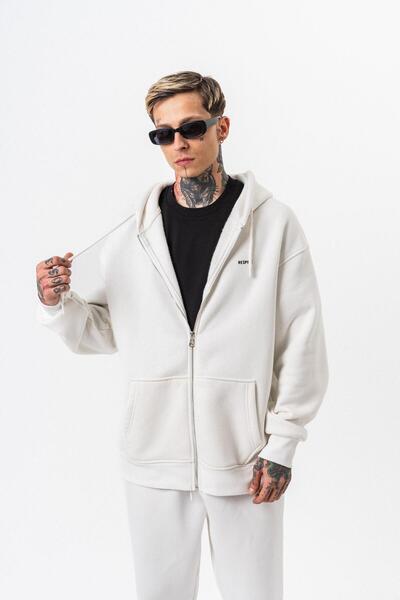 Respire Men's Text Detailed Hooded Basic Zip Oversize Hoodie Ecru