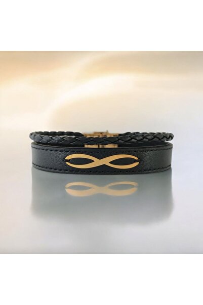 ARCHINO GOLD 14 Ayar Altın Plakalı Sonsuzluk Motifli Erkeklere Özel Hakiki Derili Bileklik-389sonsuz-siyah