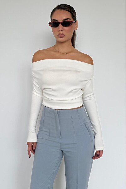 Madmext Beyaz Kadın Off Shoulder Uzun Kollu Bluz MG2567