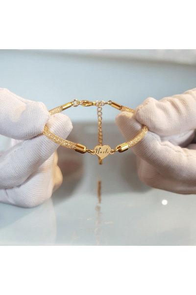 ARCHINO GOLD 14 Ayar Altın Plakalı Nazlı İsmine Özel Kalp Figürlü Hasır Kordo...