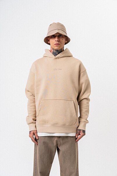 Respire Erkek Da Vinci Baskılı Kapüşonlu Oversize Hoodie Bej