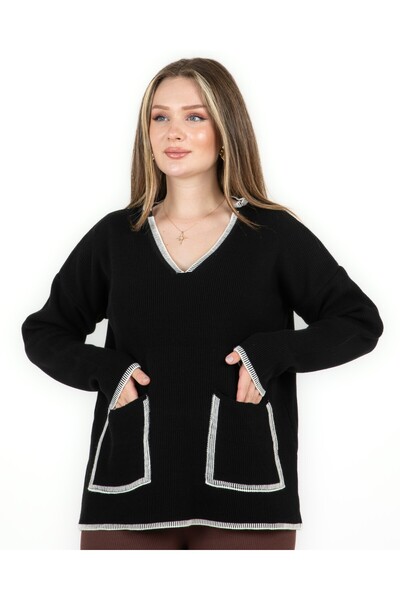 Sortie Tricotaj supradimensionat cu decolteu în V cu buzunare Negru