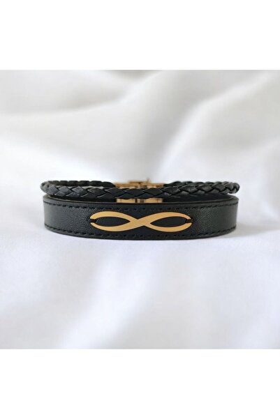 ARCHINO GOLD 14 Ayar Altın Plakalı Erkeklere Özel Hakiki Derili Sonsuzluk Motifli Bileklik-389sonsuz-siyah