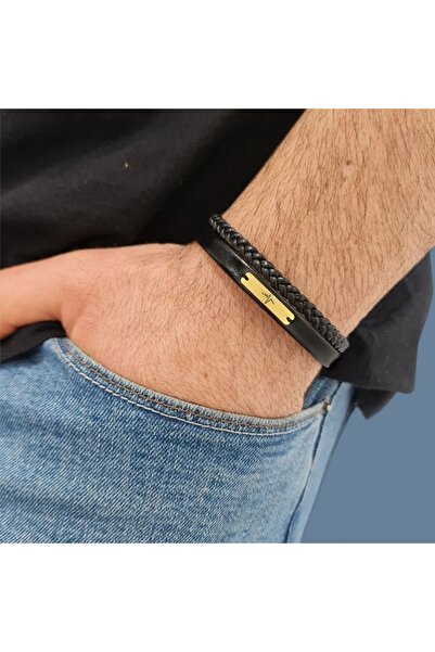 ARCHINO GOLD 14 Ayar Plakalı Altın Hakiki Derili Dikdörtgen Figürlü Erkeklere Özel Bileklik-386kalp-siyah