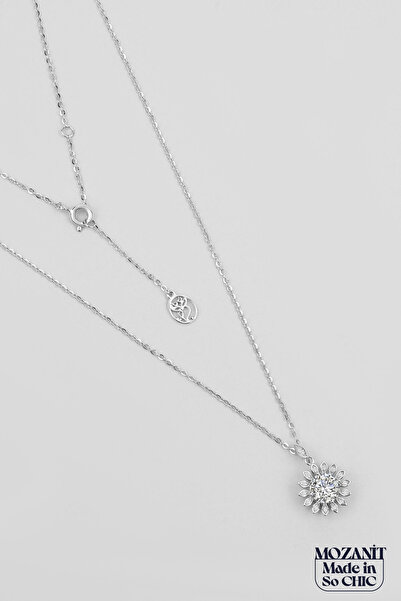 So CHIC... Ay Çiçeği Mozanit 18 Ayar Beyaz Altın Kaplama 44 Cm Gümüş Kolye