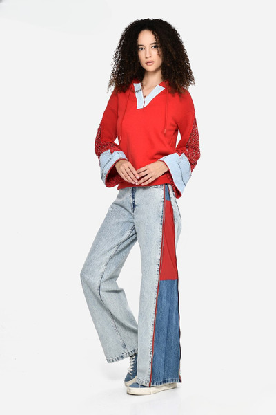 DQMANE Yan Fermuarlı Bol Paça Kot Pantolon